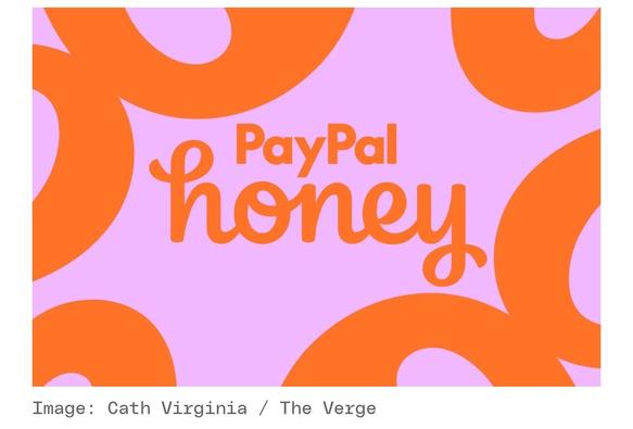 The image features the PayPal Honey logo, displayed in orange text against a light purple background, surrounded by large orange circular shapes.