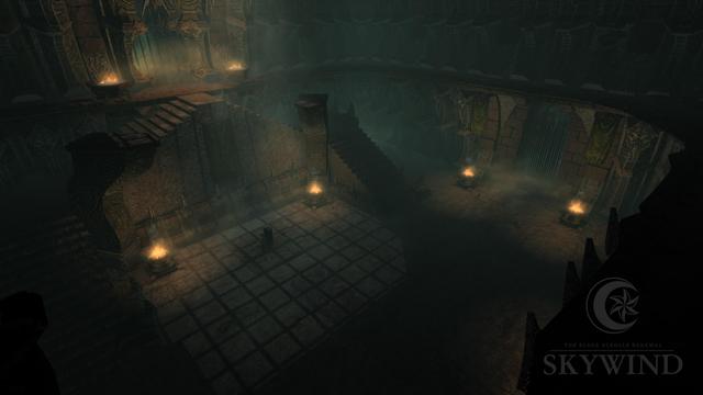 Interior picture of the Dushariran daedric ruin, featuring a big hall with two staircases made of stone, and an altar on the lower floor in-between them. The room is shifting in gloomy green hues and lit up by several burning braziers placed around the hall.
