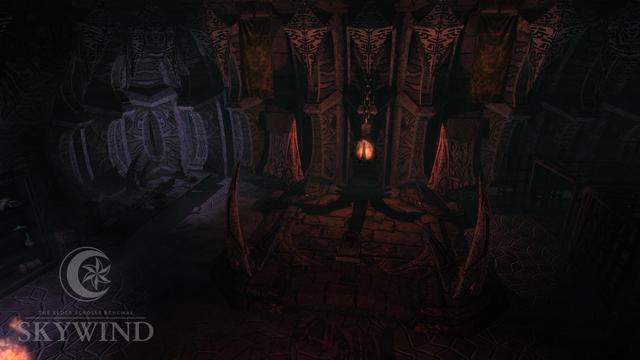 Interior picture of the Dushariran daedric ruin, showing an altar in the middle of the room with claw-like corner decorations and a glowing orb hanging above it, emitting a warm yet ominous light.
