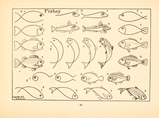 A page from the linked book showing how to draw a variety of fish from simple shapes.