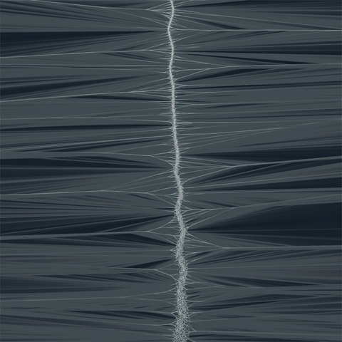 a wavy vertical line of smaller connected lines down the center of the image with lines shooting horizontally out in both directions with some expansion at the bottom. upon close inspection the lines are voronoi in nature. lines are white on a dark background, but with grayish traces around them.