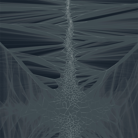 a wavy vertical line of smaller connected lines down the center of the image with lines shooting in many directions out in both directions with some expansion at the bottom. upon close inspection the lines are voronoi in nature. lines are white on a dark background, but with grayish traces around them.