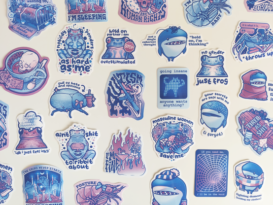 Photo of my silly stickers showing frogs, sharks, bugs and skeletons with funny relatable quotes