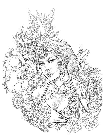 Detailed surrealistic drawing of a woman surrounded by flowers