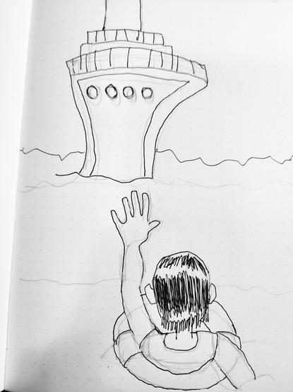 An inked pencil sketch of a man in a life preserver as his cruise ship sails off without him for the man overboard prompt for #dailysketchingworkout