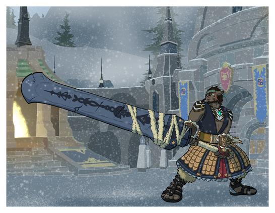 A hrothgar dark knight wilding a huge sword