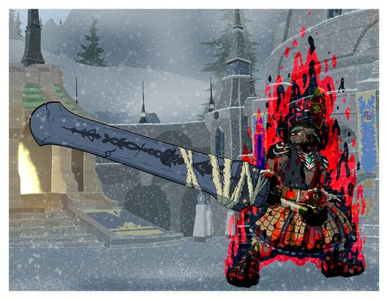 A hrothgar dark knight wilding a huge sword, engulfed in a dark aura