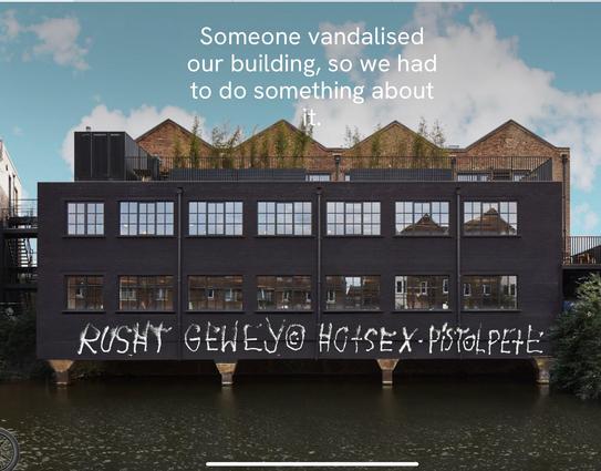 A building fronting the Thames with spray painted graffiti tags of Rusht, Gewey and Pistol Pete