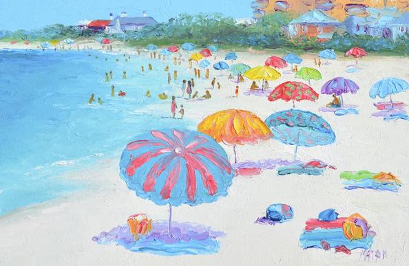 Painting of Clearwater Beach Florida, United States. Impressionist, colorful beach painting for coastal or tropical decor!
The oil painting features a wide sandy beach crowded with colorful beach umbrellas and beach towels. There are crowds of people relaxing, strolling, swimming and kids playing. The coastline sweeps around showing some of the houses facing the ocean.