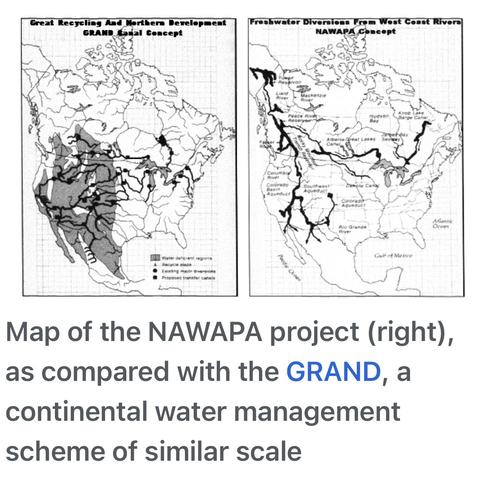 Map of the NAWAPA project (draining western Canada to water California),
as compared with the GRAND, a
continental water management
scheme of similar scale (to steal Canadian water again).