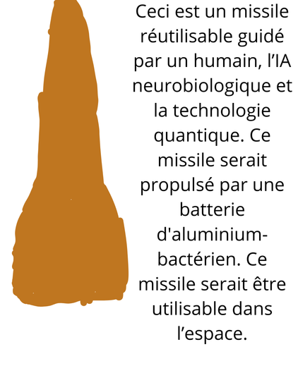 Ceci est un missile réutilisable guidé par un humain, l’IA neurobiologique et la technologie quantique. Ce missile serait propulsé par une batterie d'aluminium- bactérien.