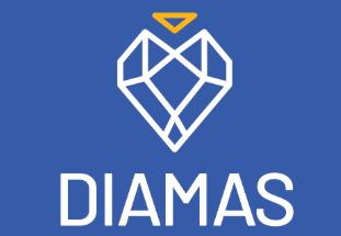 The DIAMAS logo - a whte diamond shape with DIAMAS is white and a blue background