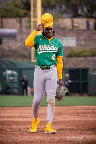 Athletics star Lawrence Butler adjusts his cap as he walks off the field during a March 2025 Cactus League game.