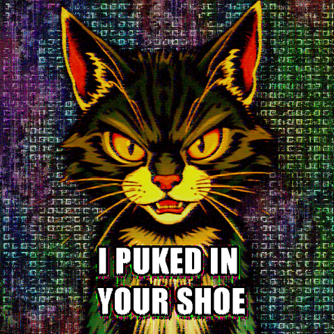cartoon cat with text "I PUKED IN YOUR SHOE"