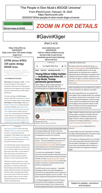 Screenshots of two news articles pertaining to Gavin Kliger (a worker bee for Elon Musk and DOGE).