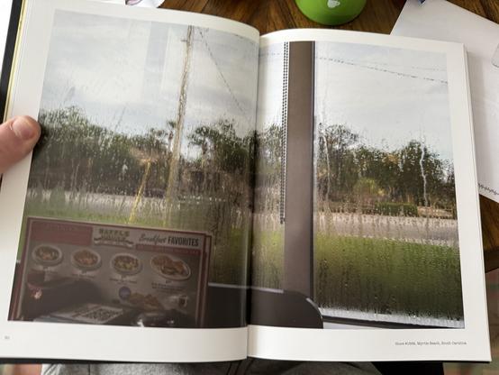 View from Inside a wafflehouse. Menu showing in the bottom left corner rain on the windows causing a blurry effect on the tall grass & trees outside