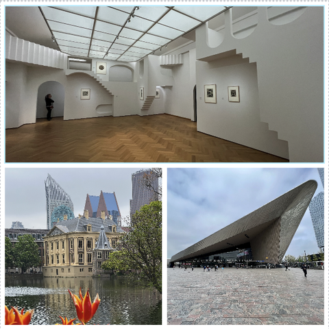 "omöjliga trappop" på M.C. Escher-utställlning i Haag. Bildrt från Haag och Rotterdam Centraal i nedre raden