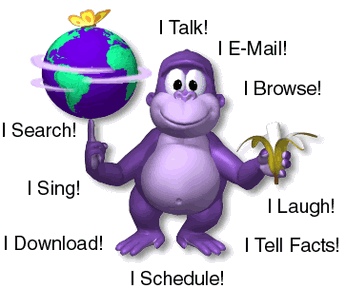 Logo image of BonziBuddy (a purple ape holding a banana and a spinning globe surrounded by text blurbs such as, "I Download!", "I E-Mail!", I Tell Facts!"
