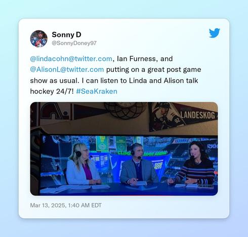 @lindacohn, Ian Furness, and  @AlisonL putting on a great post game show as usual. I can listen to Linda and Alison talk hockey 24/7! #SeaKraken https://t.co/8PQc3lN8W7