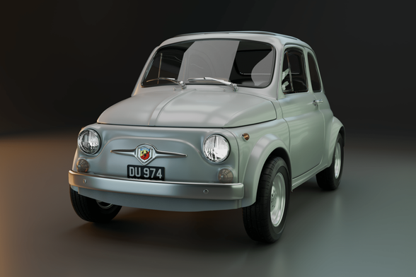 Front view of a 3D rendered Fiat 500 car.