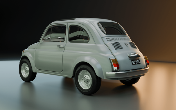 Rear view of a 3D rendered Fiat 500 car.