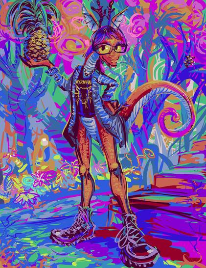 anthropomorphic lizard or dragon being with orange scaly skin, wearing a blue and white open cardigan sweater, a suspicious nirvana t-shirt and black boots, holding a pineapple in one hand, with garish nonsense in the background.
