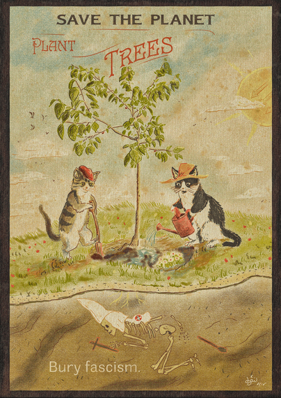 Vintage style poster with two cats planting a tree. Behind them, there's a skeleton with a Kkk hood.