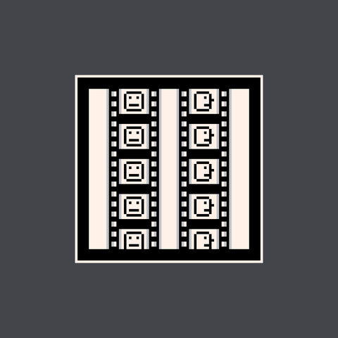 64x64 pixel art of two strips of movie film with several frames of a face, a front view on the left piece of film and a side view on the right