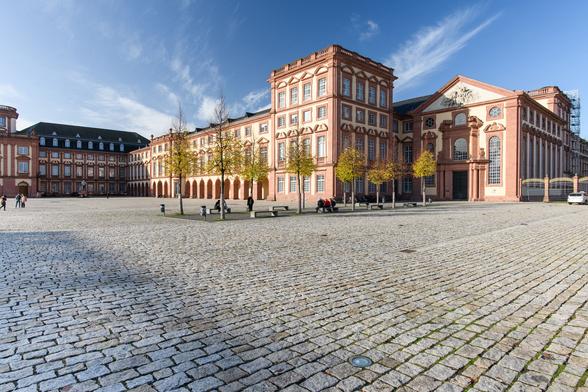 Ein Teil des Schlosses der Universität Mannheim erstrahlt im Sonnenlicht.