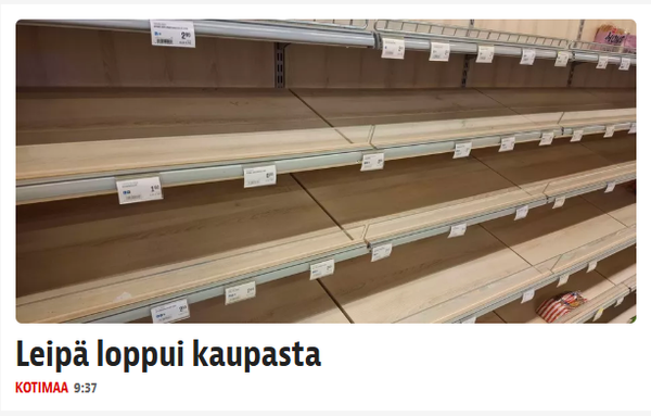 Kuvakaappaus Iltalehden nettisivuilta, jossa otsikko "Leipä loppui kaupasta".