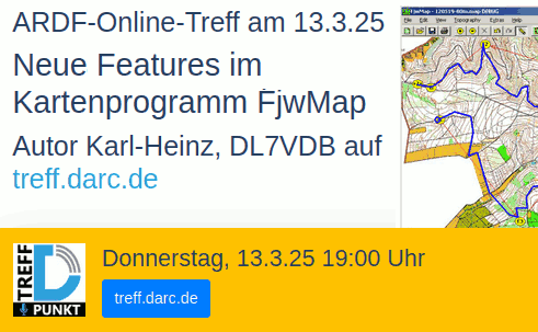 ARDF-Online-Treff am 13.3.25: Neue Features im Kartenprogramm FjwMap, mit Autor Karl-Heinz, DL7VDB, 19:00 Uhr auf treff.darc.de