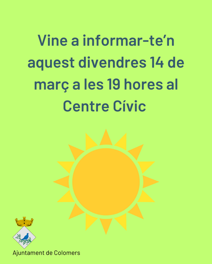 Cartell_03. Fons verd amb un Sol gran groc i la convocatòria de la sessió informativa.