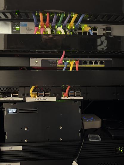 La photo montre le raspberry racké avec ses copains dans une baie serveur et réseau