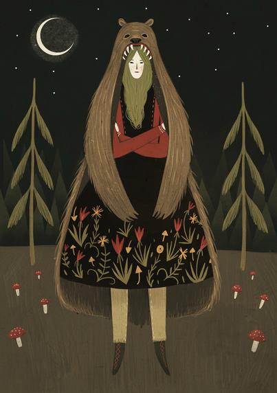 Depiction of a lady dressed in a black dressed with floral ornament, with a bear skin with the teeth still attached, on her head (original artwork by Alexandra Dvornikova)