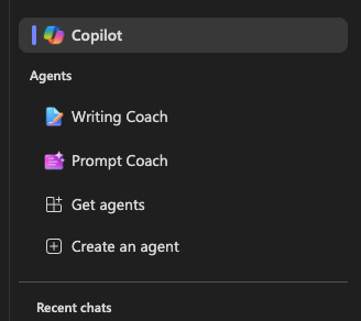 Screenshot of the Microsoft Copilot interface showcasing available agents, including 'Writing Coach' and 'Prompt Coach,' alongside options to 'Get agents' and 'Create an agent.' The interface also displays a section for recent chats.