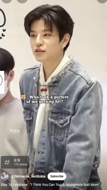 Seungmin standing and looking at the audience. Caption: Who took a picture of me getting hit?