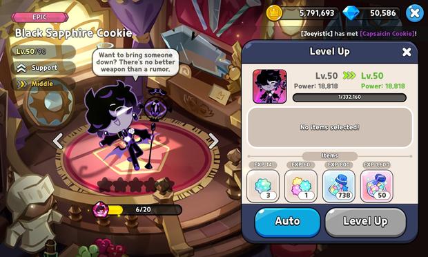 Black Sapphire Cookie's Cookie info screen. He is leaning to his right and saying a line: "Want to bring someone down? There's no better weapon than a rumor"