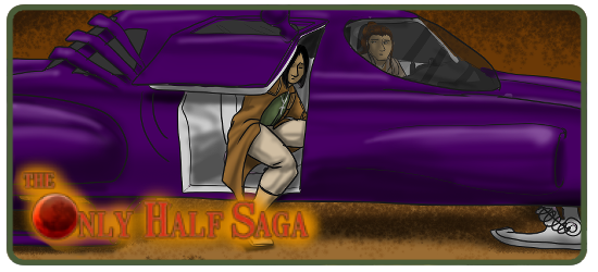 A purple hovercar's door opens and a man in a brown trench coat emerges.