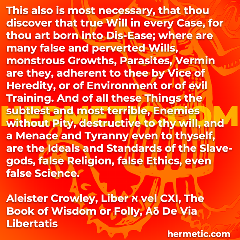 Hermetic quote Crowley Liber Aleph The Book of Wisdom or Folly CXI 111 discover true will many false perverted wills enemies without pity ideals standards of slave gods false religion ethics science