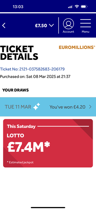 Screenshot z aplikacji the national lottery  potwierdzeniem wygranej w kwocie 4,20 i powyżej data zakupu, 8 marca o godzinie 21:37