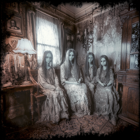 Portrait Hanté.
Photographie victorienne inquiétante d'une famille spectrale assise dans un salon ancien, baignée d'une lumière fantomatique.
Eerie Victorian photograph of a spectral family sitting in an antique parlor, bathed in ghostly light.