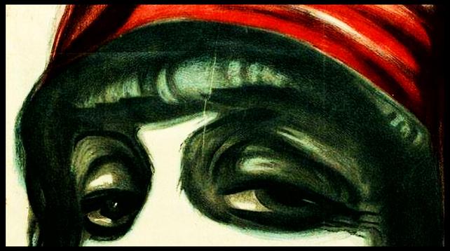 Farbige Grafik: Bildausschnitt, zu sehen sind große, stark schwarz umschminkte Augen und der Ansatz einer roten Kopfbedeckung