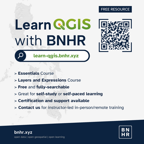 Learn QGIS with BNHR together with a QR code and website address of learn-qgis.bnhr.xyz
