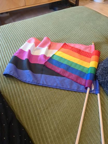 Picture of the Gender-fluid and pride flag laying on a green couch.