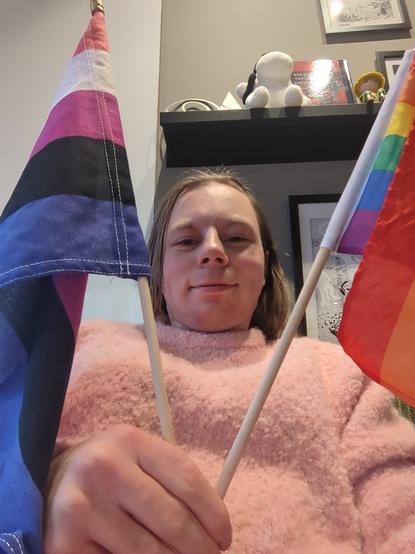 A woman is seen holding the pride and gender-fluid flag.

She is sitting on a couch, wearing a pink sweater!

The backdrop features some wall art and a shelf with some objects displayed on it.