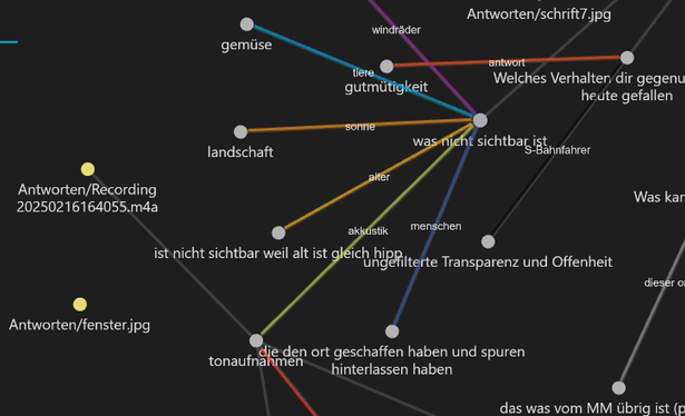 A network graph with coloured connections. Nodes (In German:): What is not visible, What behaviour towards you did you like today?