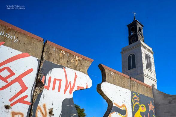 A portion of the sculpture "Breakthrough", constructed from 8 four-foot-wide pieces of the Berlin Wall with a reconstructed 1677 Christopher Wren church moved to Westminster College from London.
