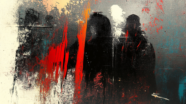 Échos Sanglants
Des silhouettes spectrales émergent d’un chaos abstrait, noyées dans des éclats de rouge et des ombres profondes. Une vision tourmentée où l’obscurité se mélange à la violence de l’invisible, entre souvenirs déchirés et présence oppressante.
Spectral figures emerge from an abstract chaos, drowned in splashes of red and deep shadows. A tormented vision where darkness blends with the violence of the unseen, between shattered memories and an oppressive presence.