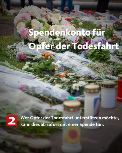 Blumen am Paradeplatz in Mannheim. 

Text: Spendenkonto für Opfer der Todesfahrt - Wer Opfer der Todesfahrt unterstützen möchte, kann dies ab sofort mit einer Spende tun.