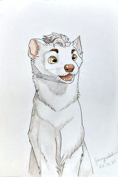 A watercolor half length portrait painting of an Eurasian stoat in their winter coat. They sit up and look chipper. They've got some more human features, like pronounced eyebrows and a short mohawk hairstyle.